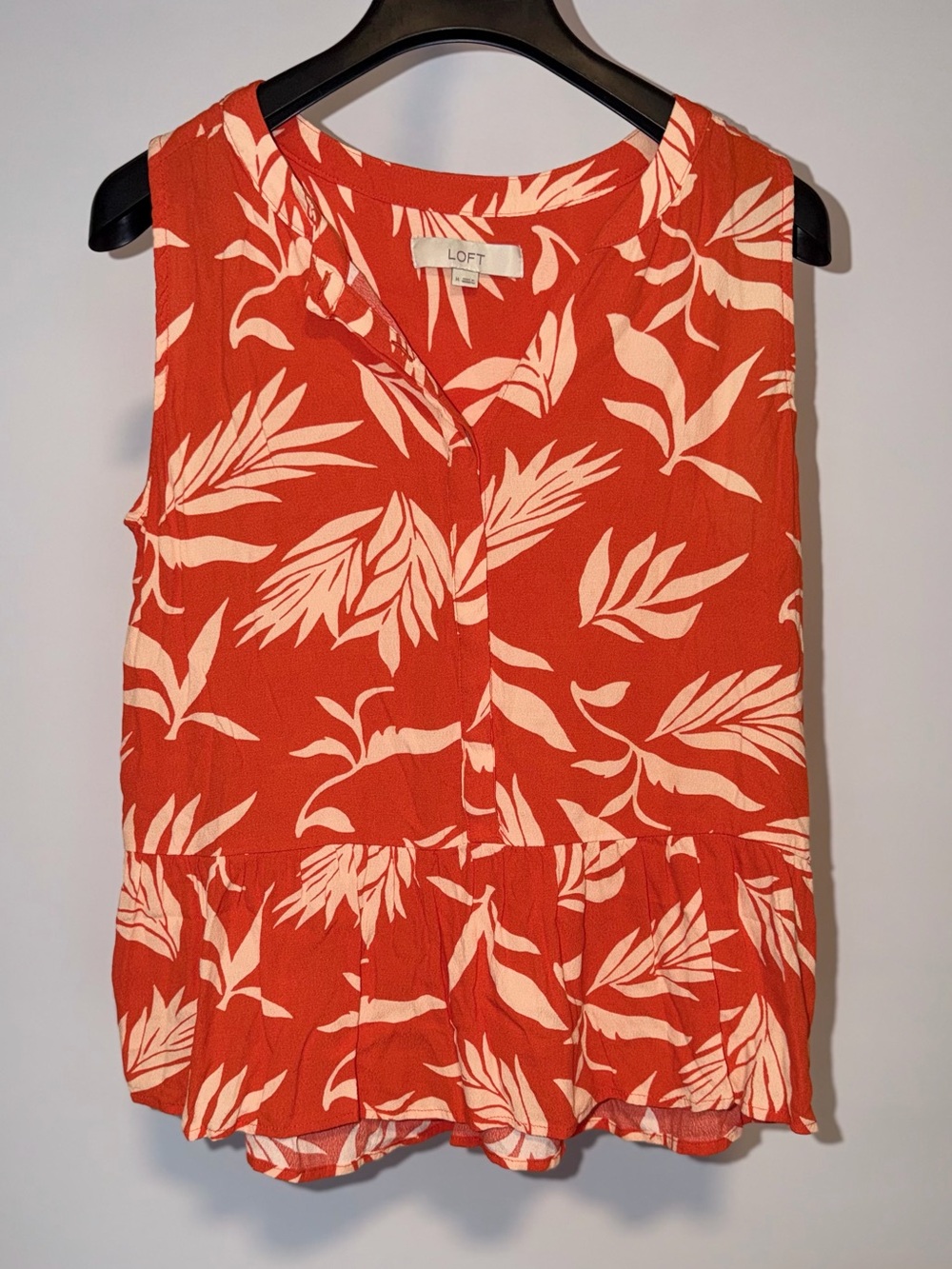 LOFT Coral and Cream Leaf-Print Sleeveless Peplum Top